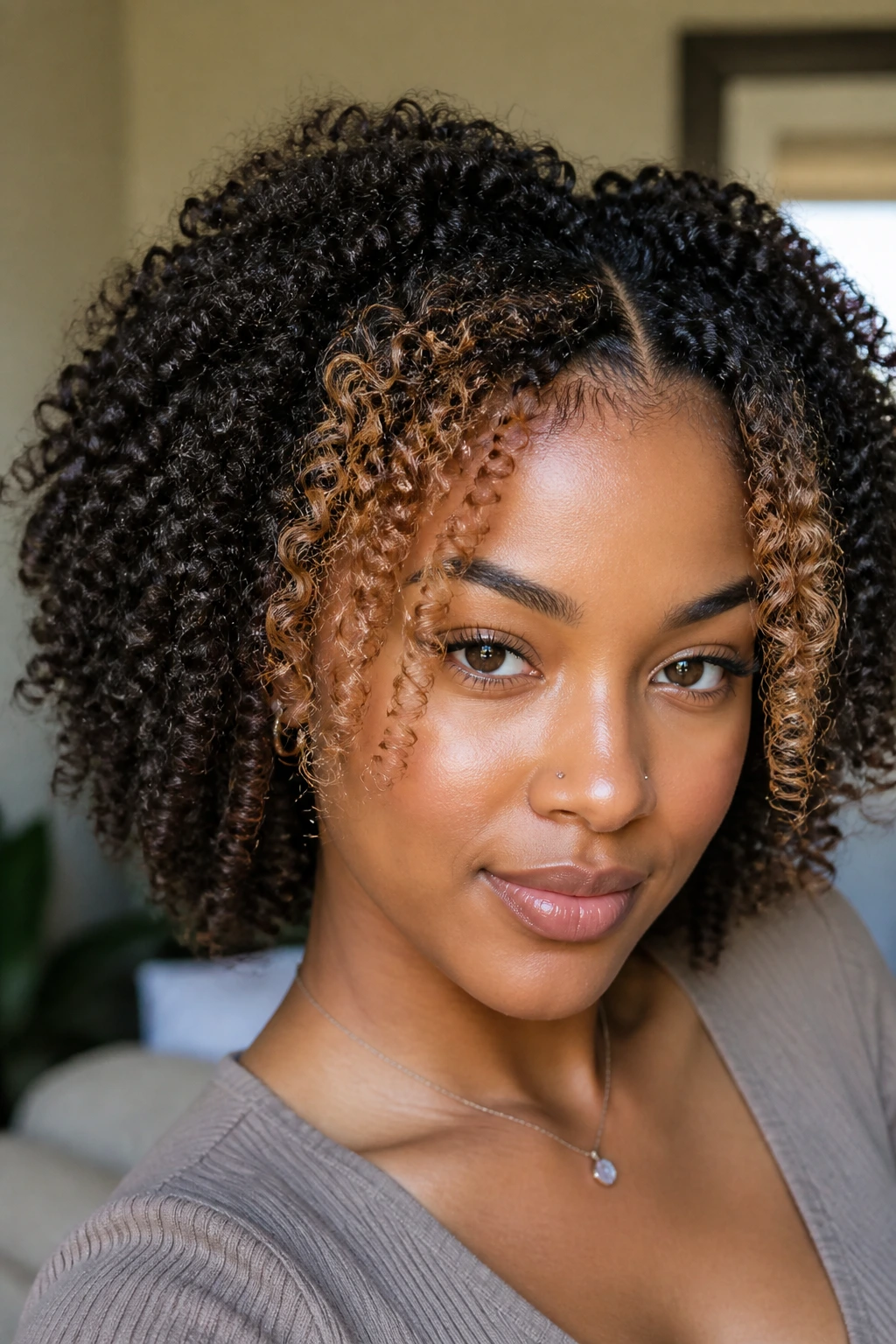 Close-up of face-framing caramel money pieces on tight coils.