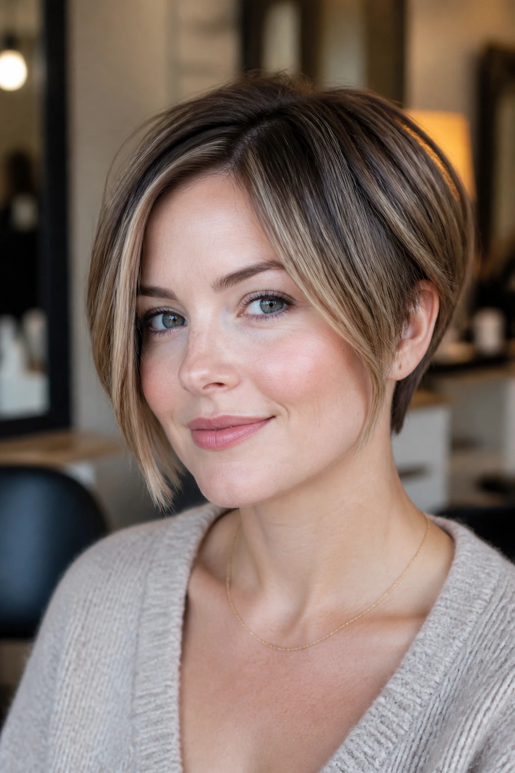 Close-up portrait of a real woman with face-framing caramel on a pixie-bob for pale skin