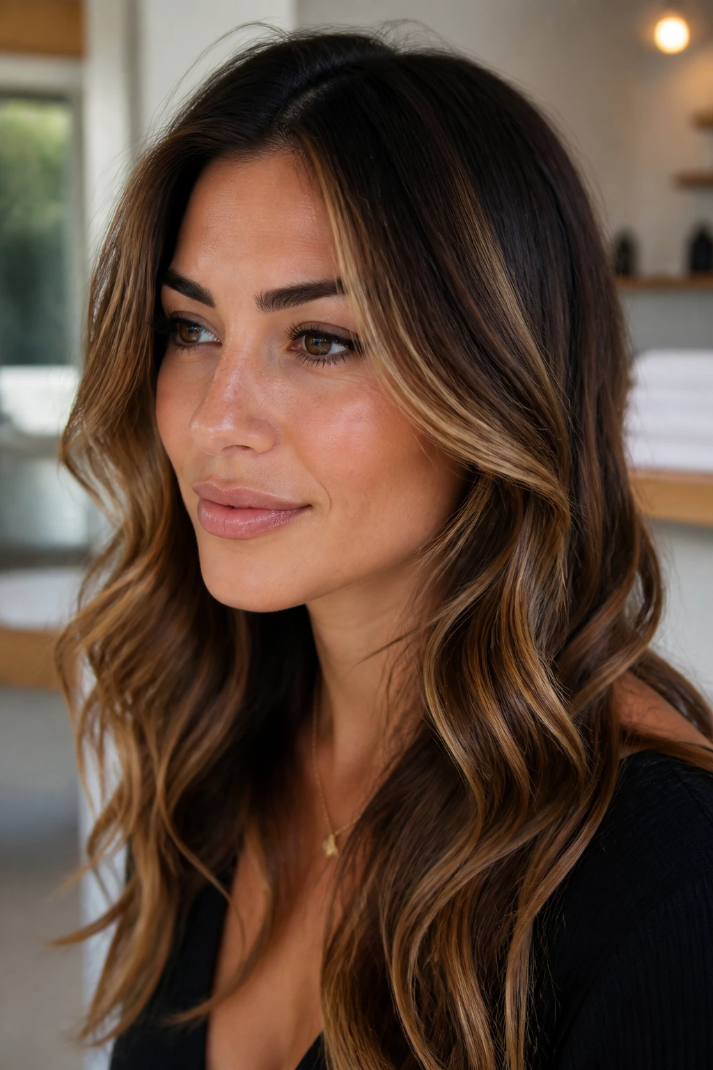 Close-up of a brunette with soft caramel ribbons framing the face.