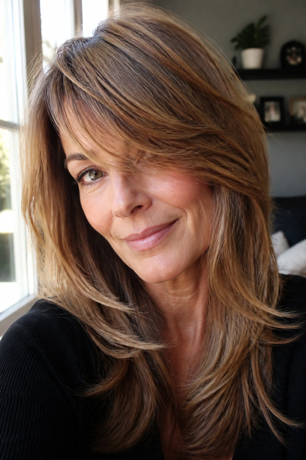 Close-up portrait of a real woman with face-framing cascade and caramel lowlights.