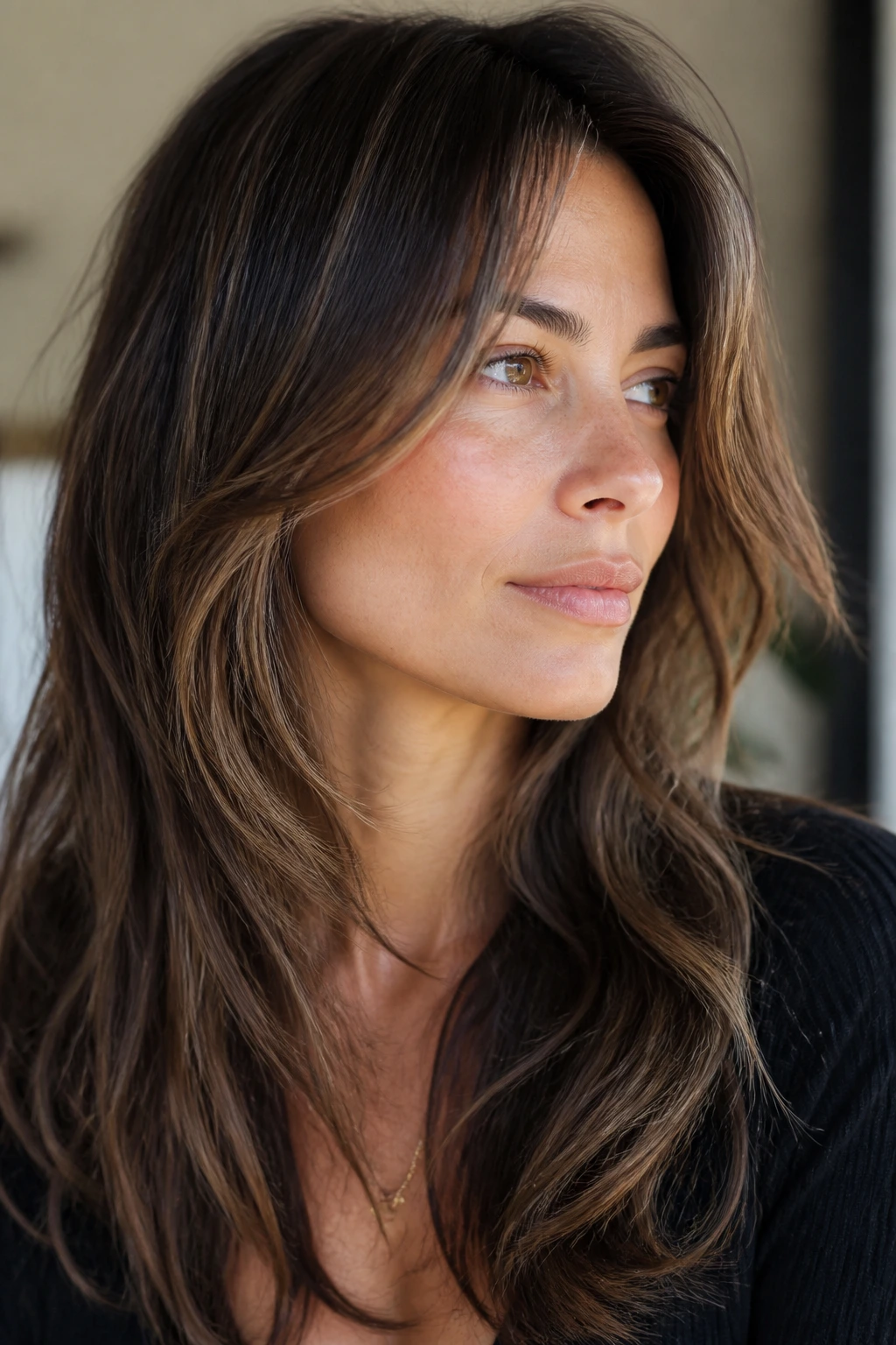 Portrait of a woman with a cheekbone-length face-framing hair piece