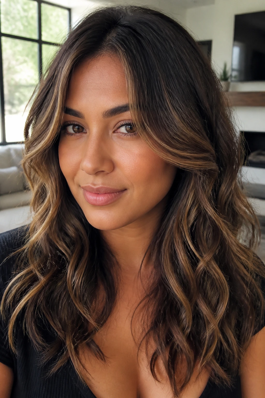 Close-up of a real woman with cheekbone starting face-framing layers in wavy brunette under soft lighting
