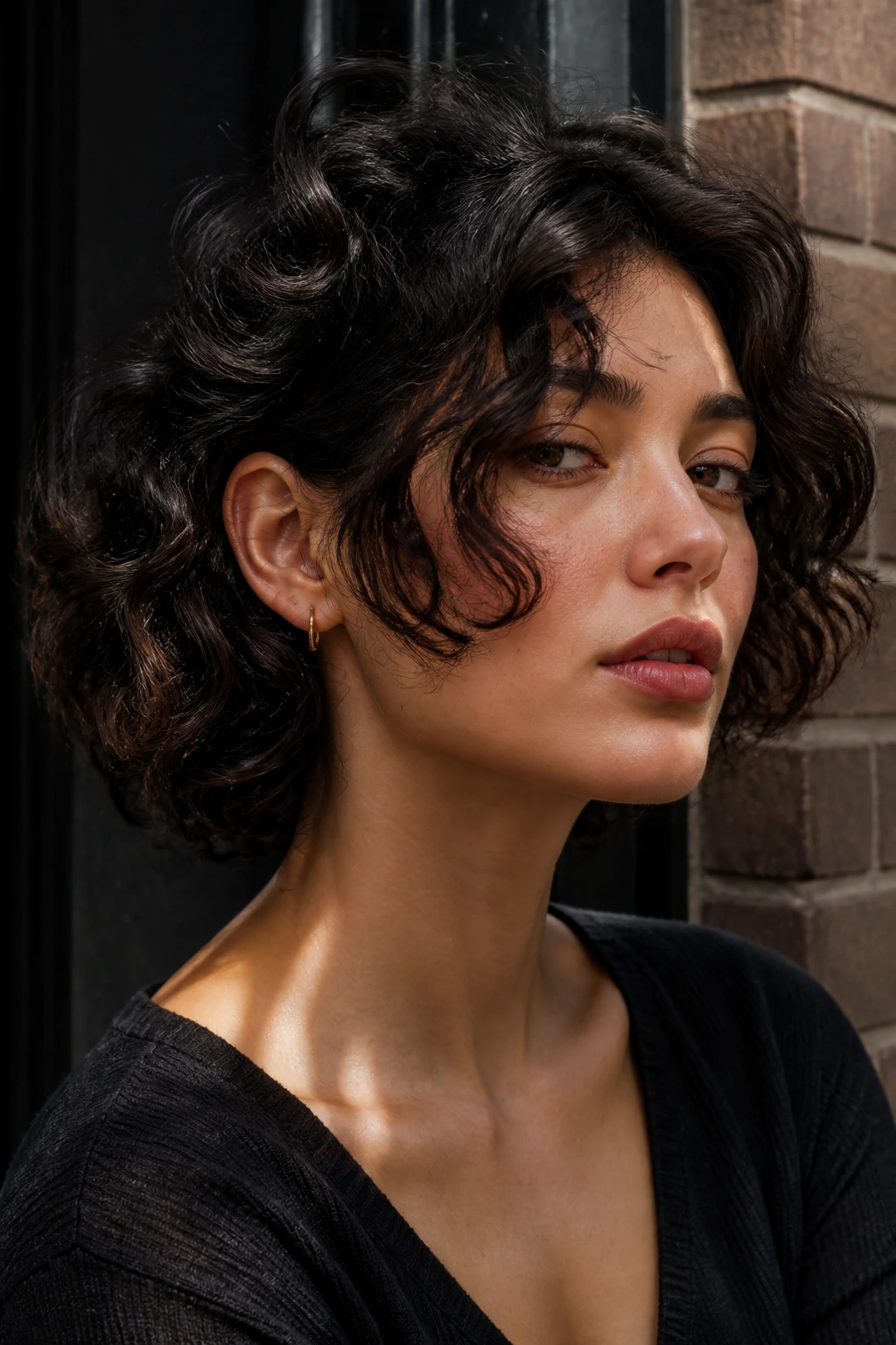 Close-up of a real woman with cheekbone layers and one ear tucked, moody lighting