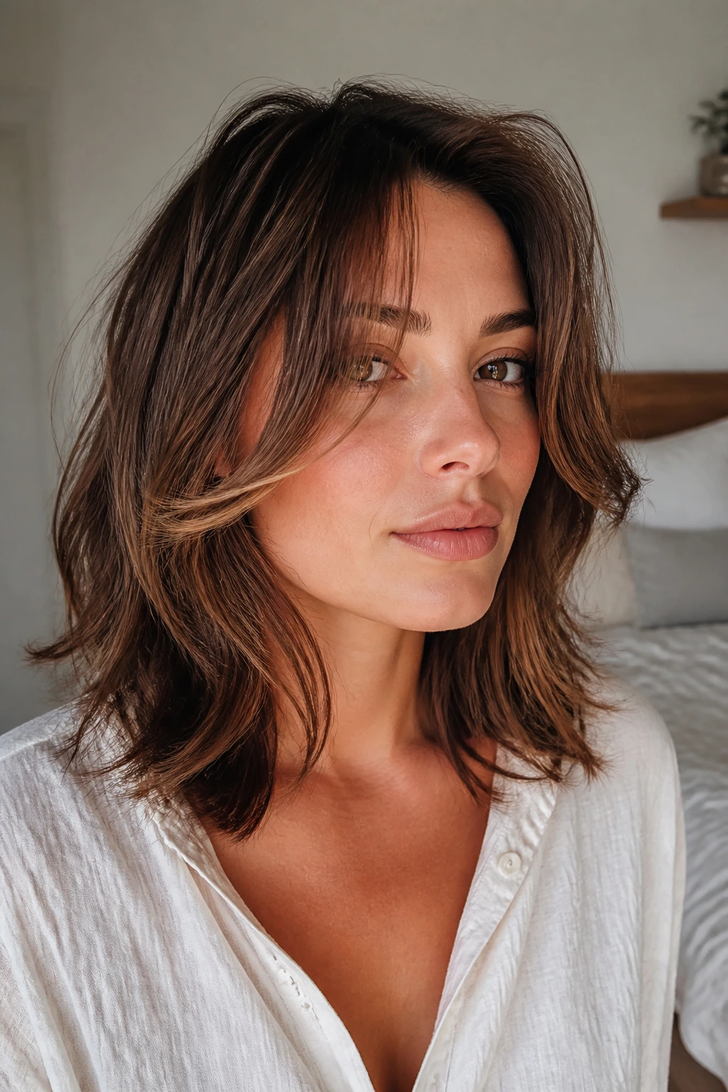 Close-up portrait of a woman with cheekbone-lifting face-framing layers in medium-length hair