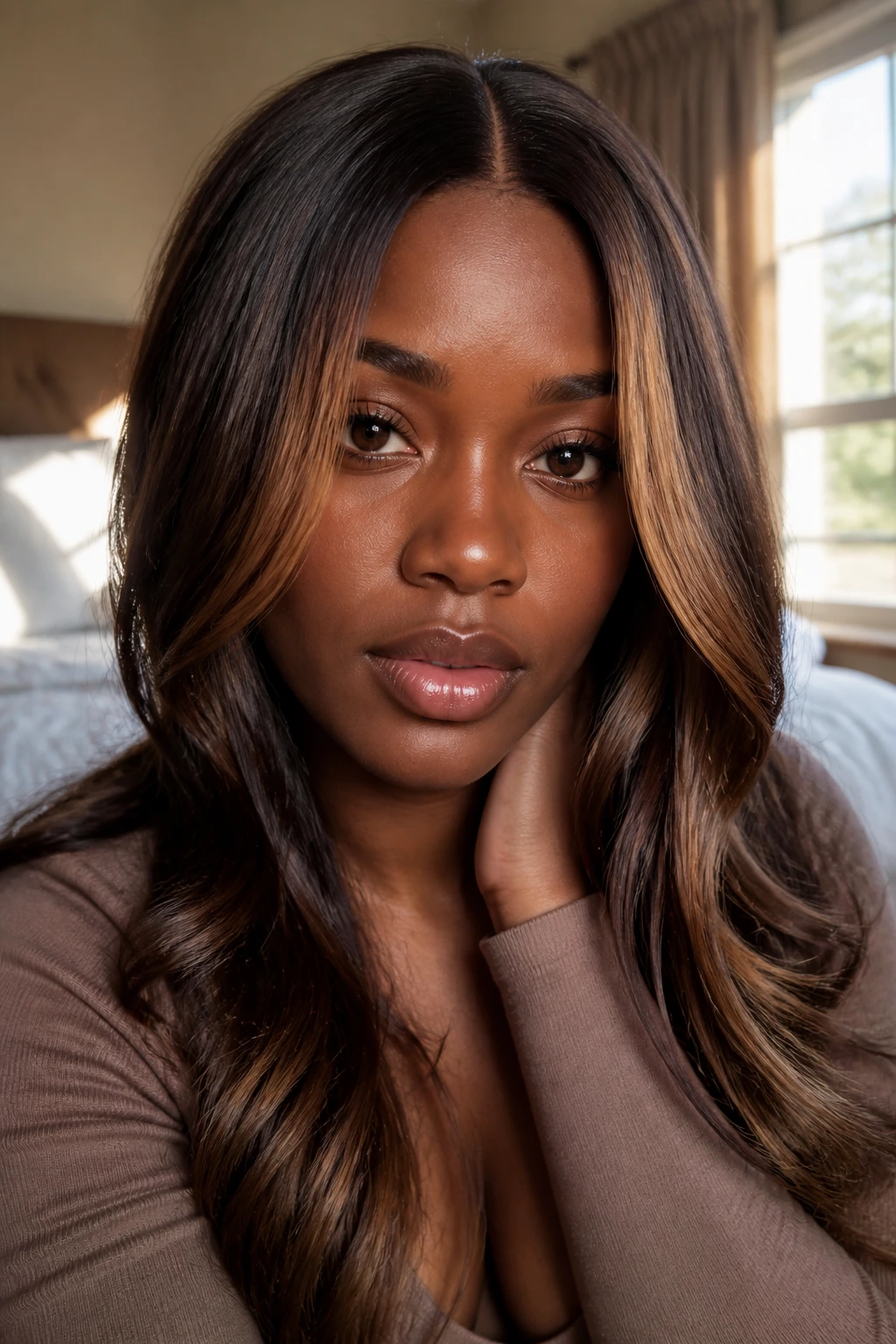 Close-up of a real woman with chestnut face-framing highlights along a middle part in warm window light