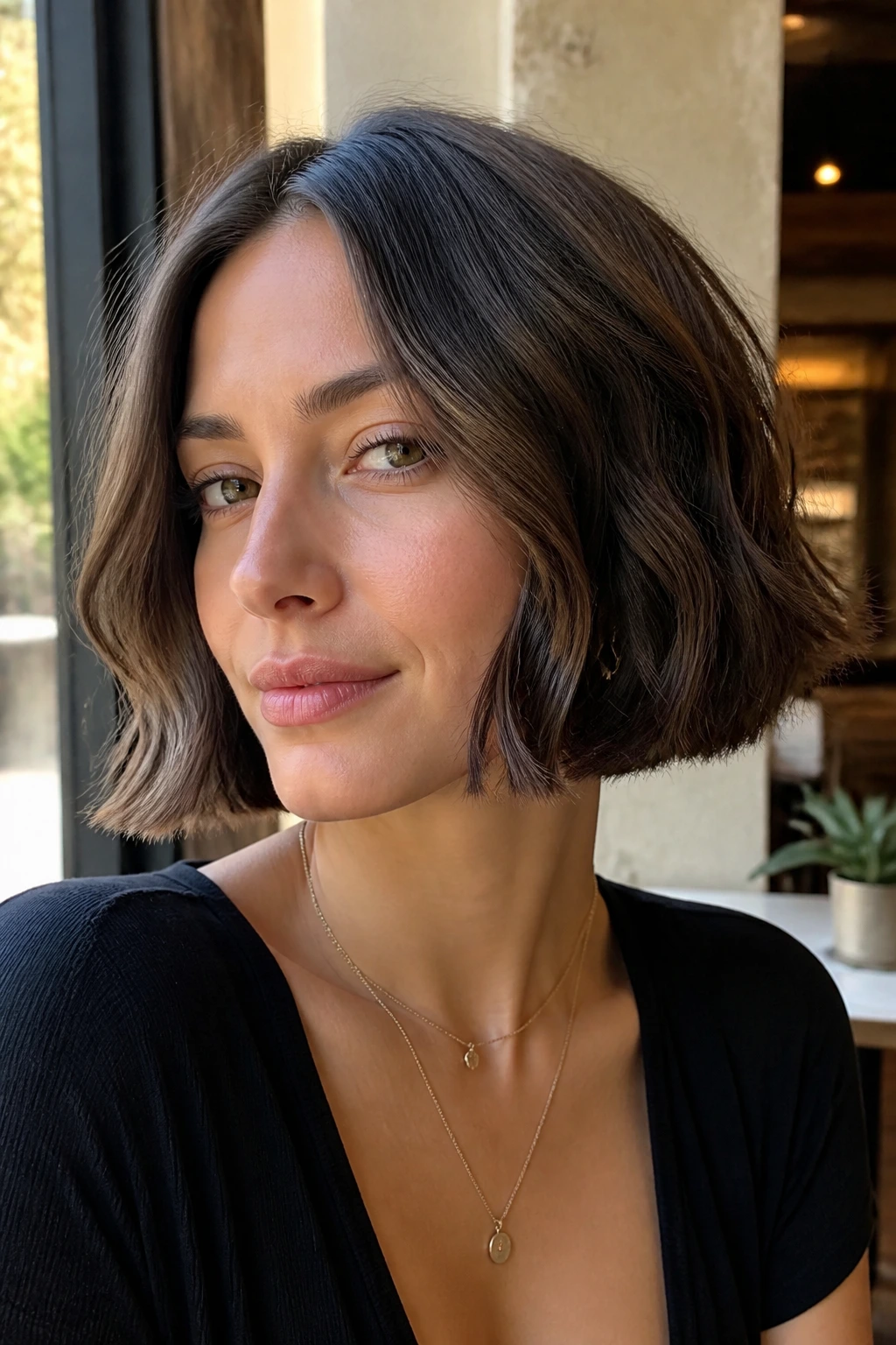 Close-up portrait of a real woman with Face-Framing Chin Bob showing front pieces and center part in cafe daylight