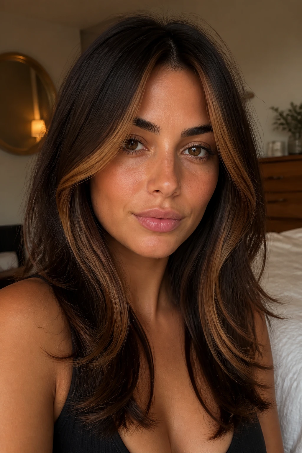 Close-up portrait of a real woman with cinnamon lights around the face on brunette hair