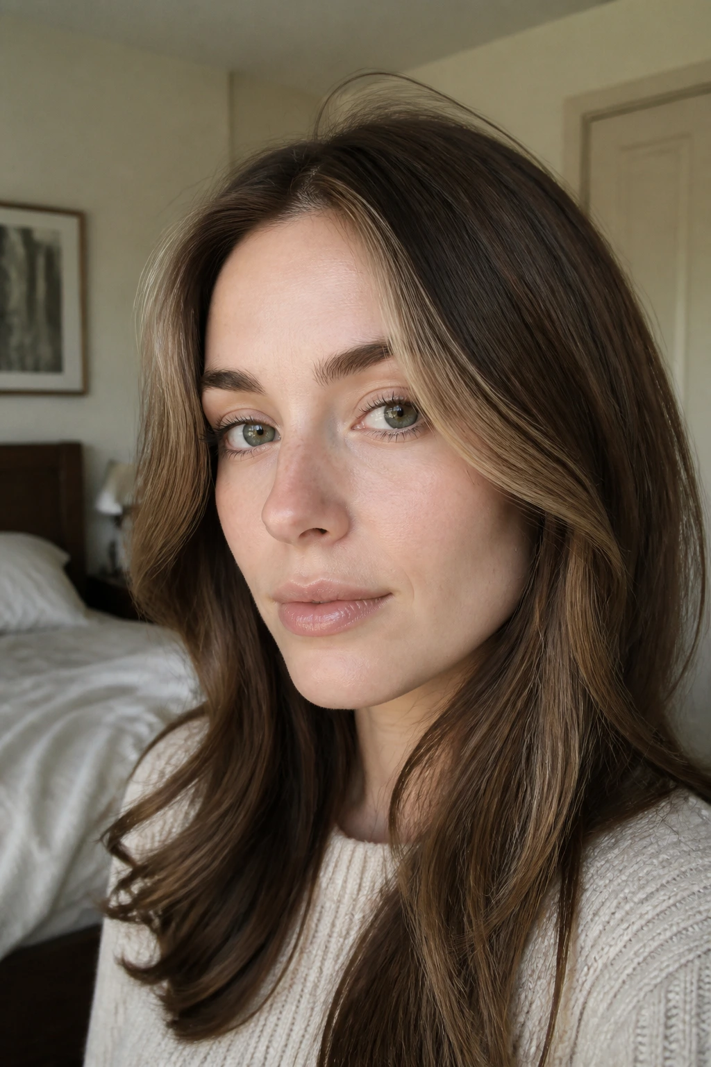 Close-up of a real woman's face with soft cocoa face-framing pieces around the hairline