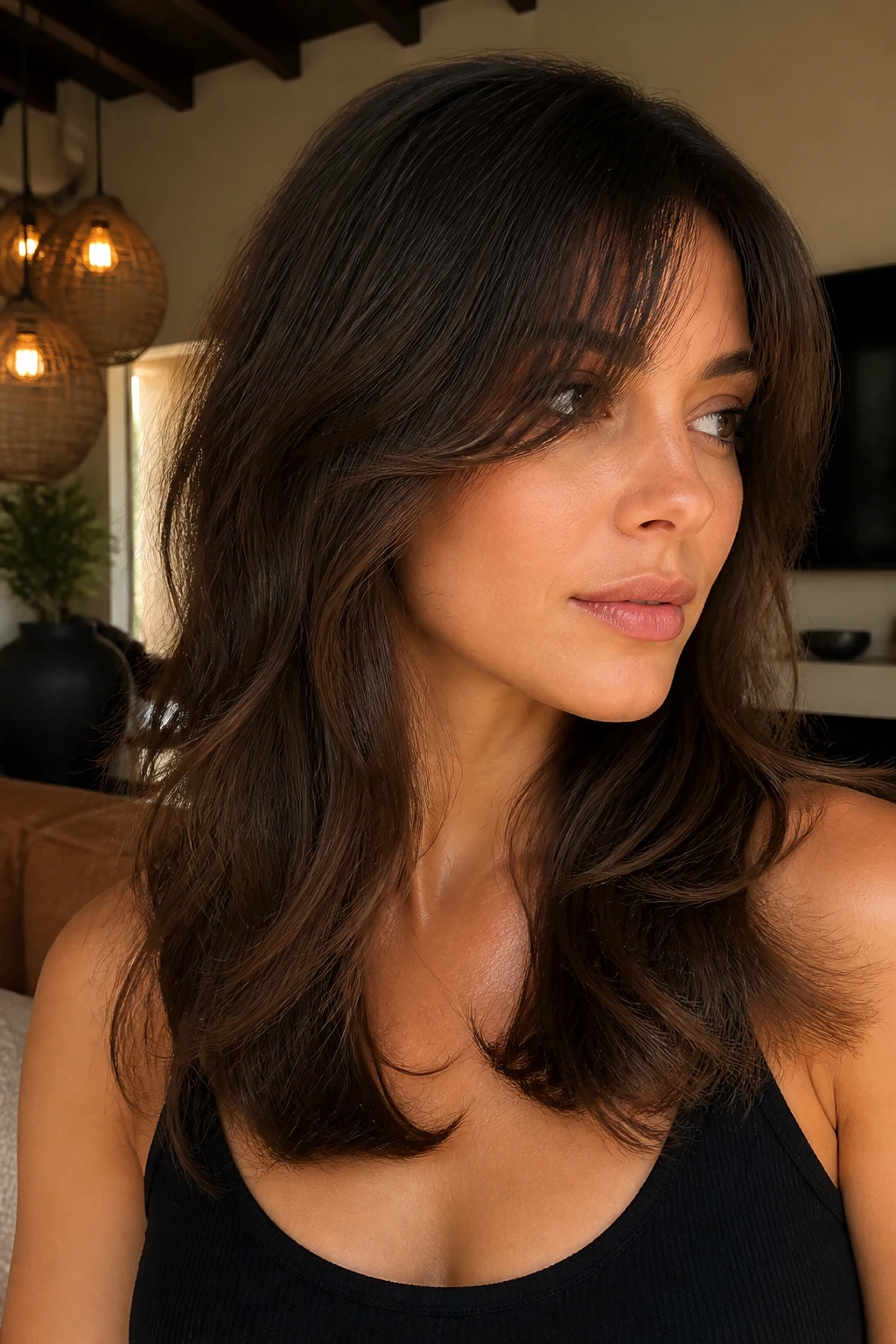 Close-up of a real woman with face-framing bangs blending into collarbone-length layers