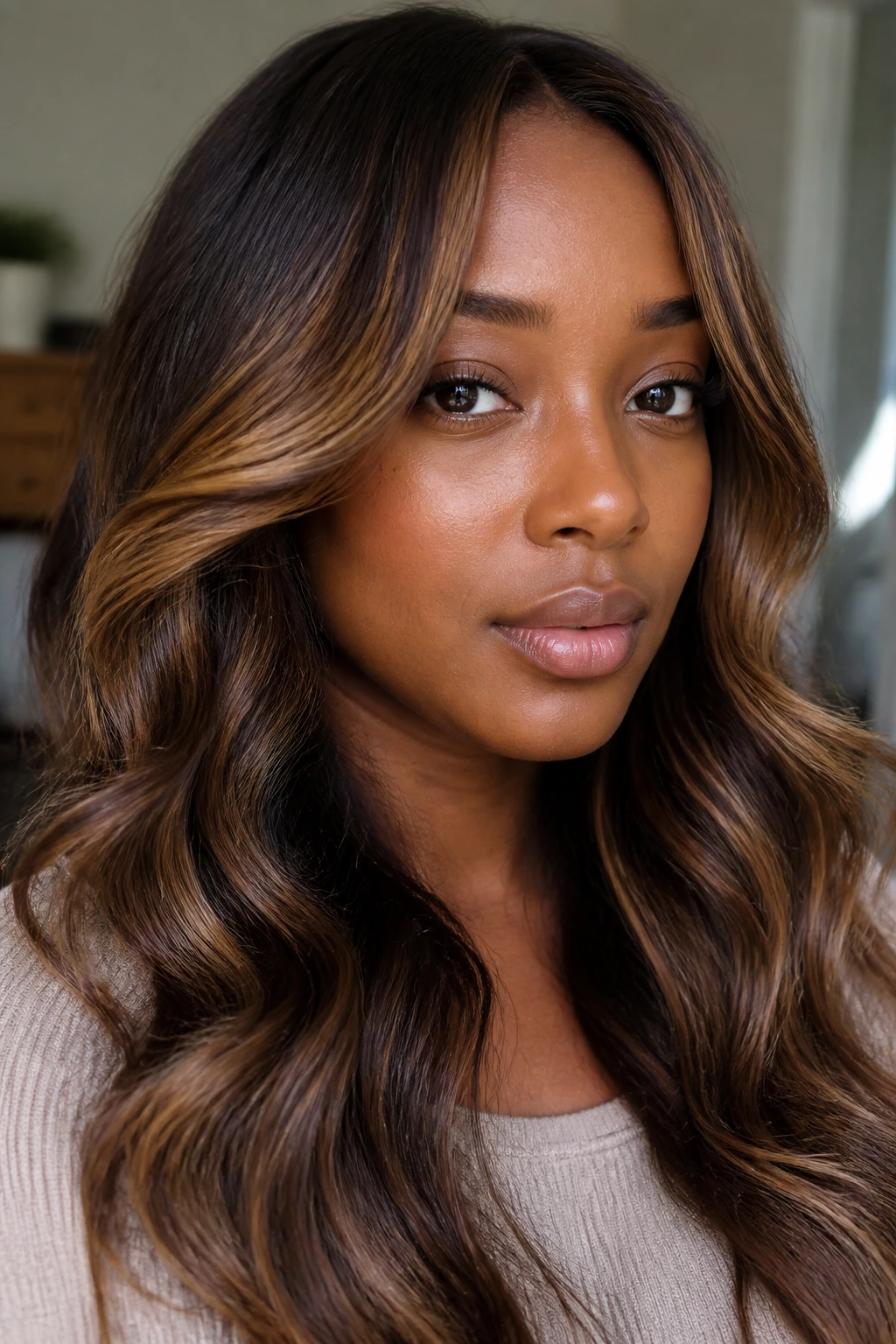 Portrait of a person with face-framing warm highlights and glossy caramel-brown hair.