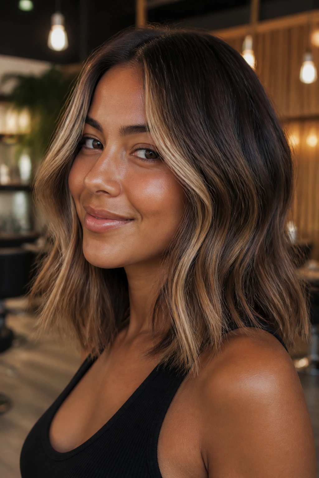 Portrait showing face-framing color placement on tan skin