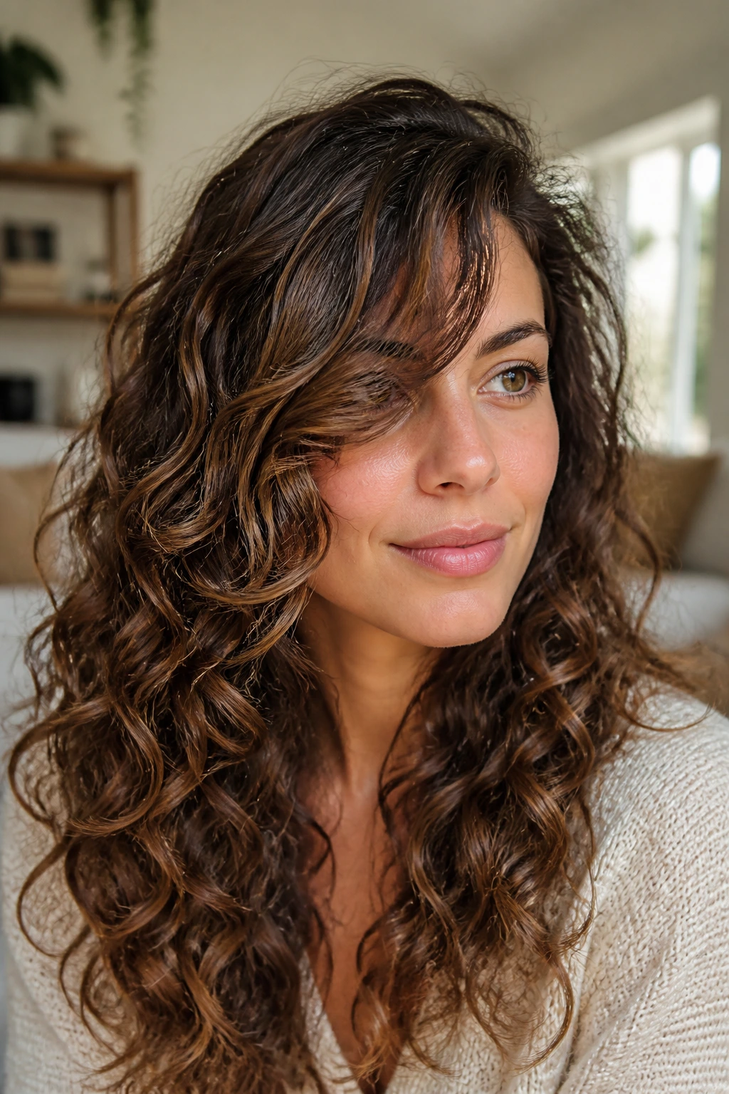 Close-up of real person with long side bang and face-framing curls