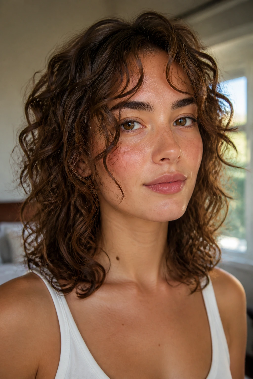Close-up portrait of a woman with face-framing curls around the cheeks in warm bedroom light