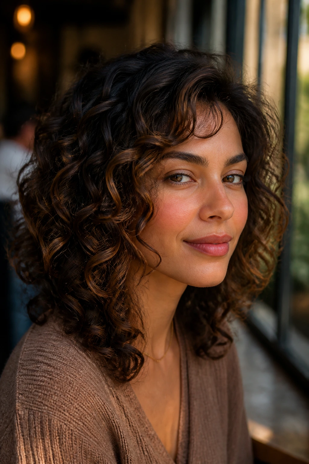 Close-up of real person with face-framing curls and mulled spice lowlights.
