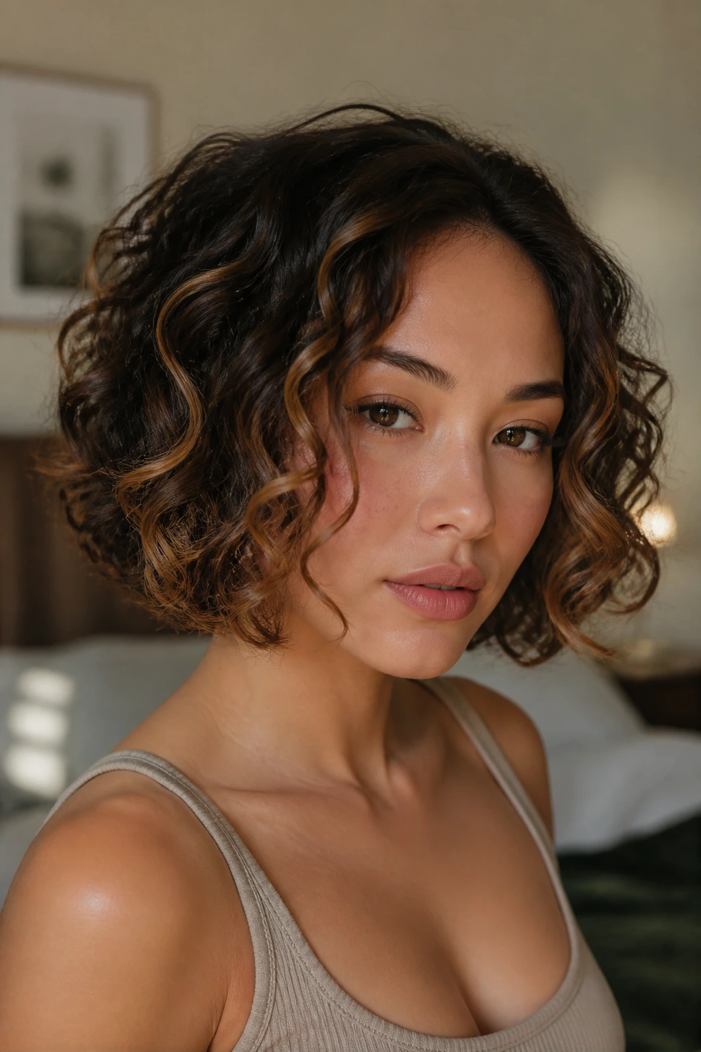 Close-up of a real woman wearing a face-framing curly bob with toffee brown ribbons