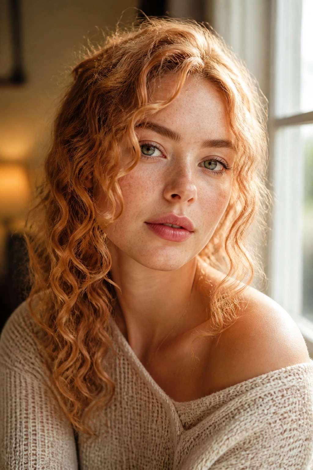 Portrait of a woman with cheeks-framing strawberry-blonde curls