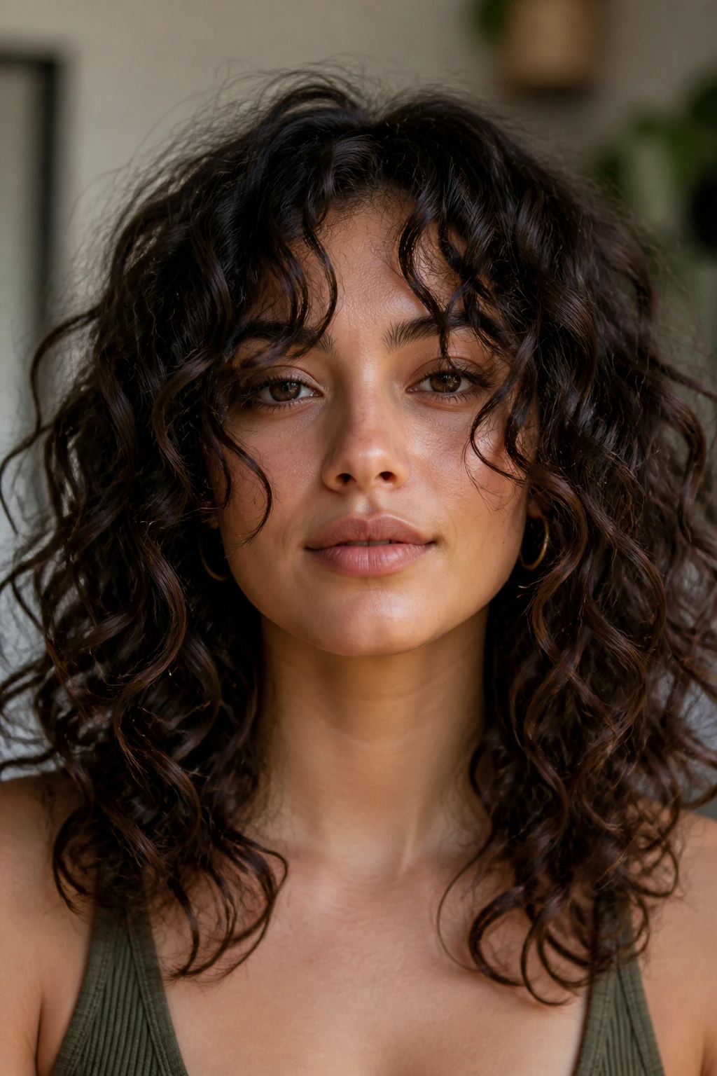 Portrait of a real woman showing chin-level front pieces for a face-framing cut.