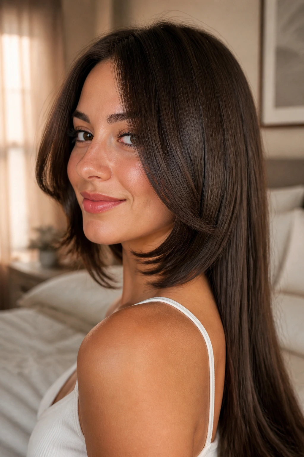 Close-up portrait of a real woman with chin-length feathered layers framing the jaw