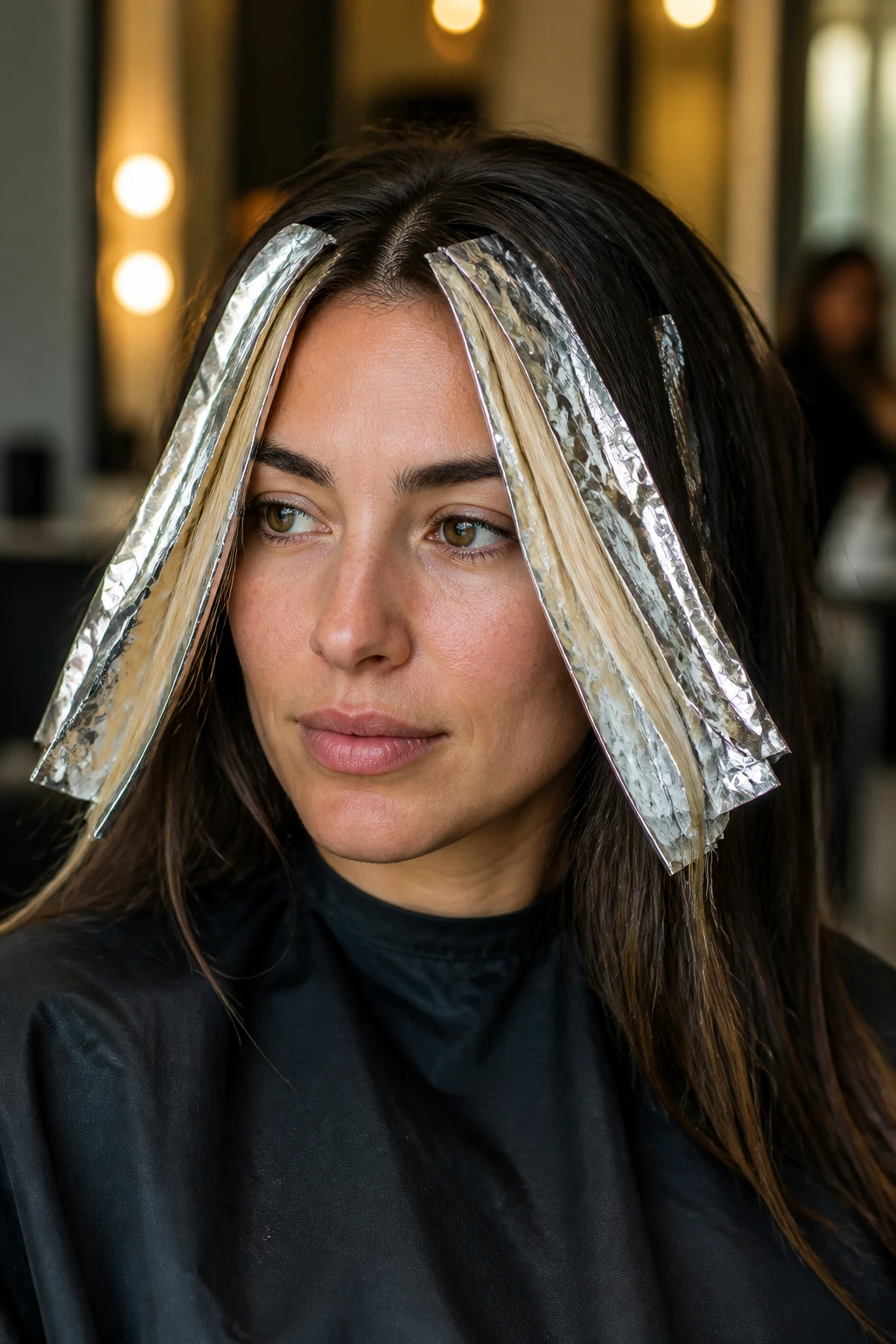 Brunette with face-framing foils and dark interior layers visible near temples.