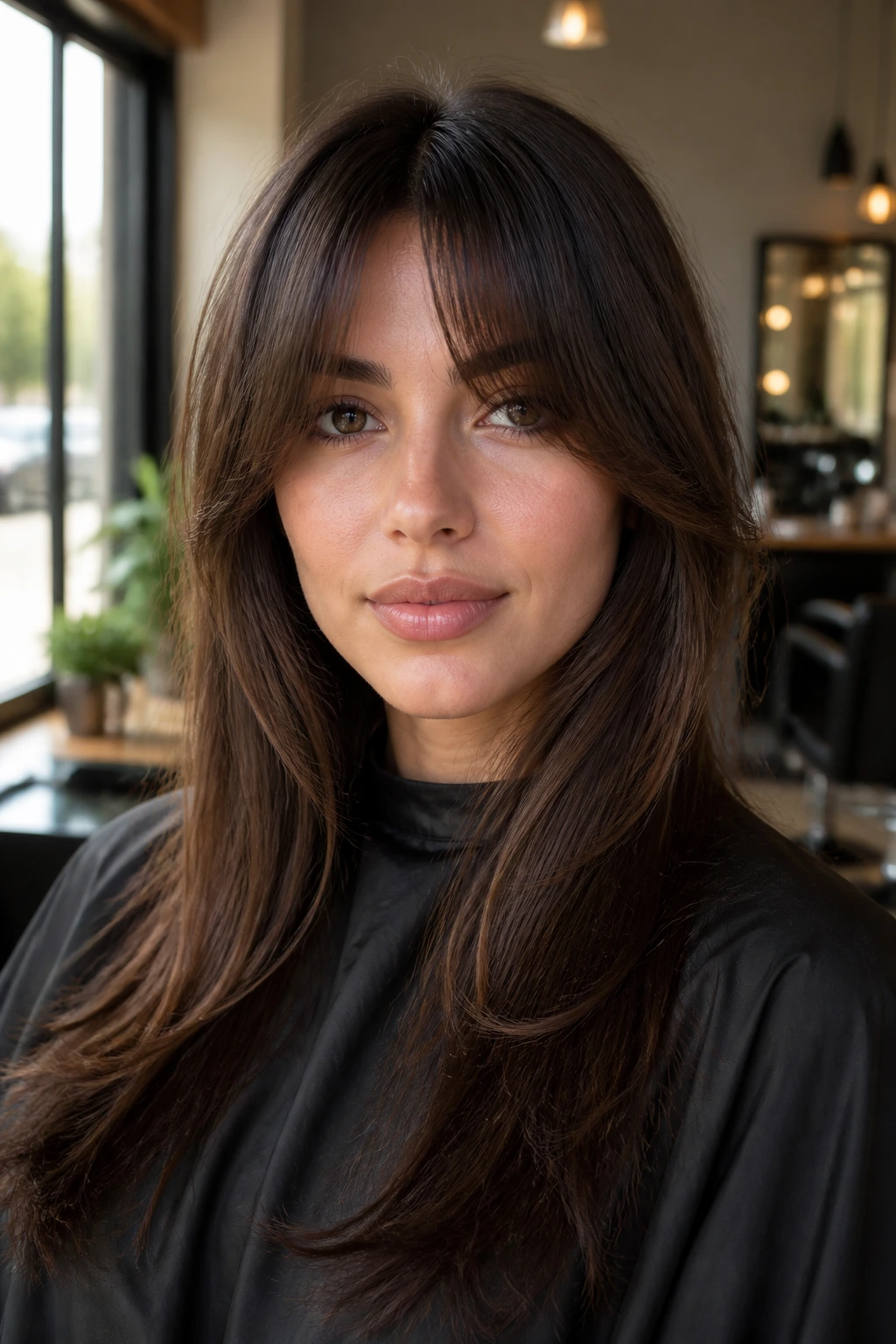 Close-up of a real woman with a thick center fringe blending into cheekbone-length layers
