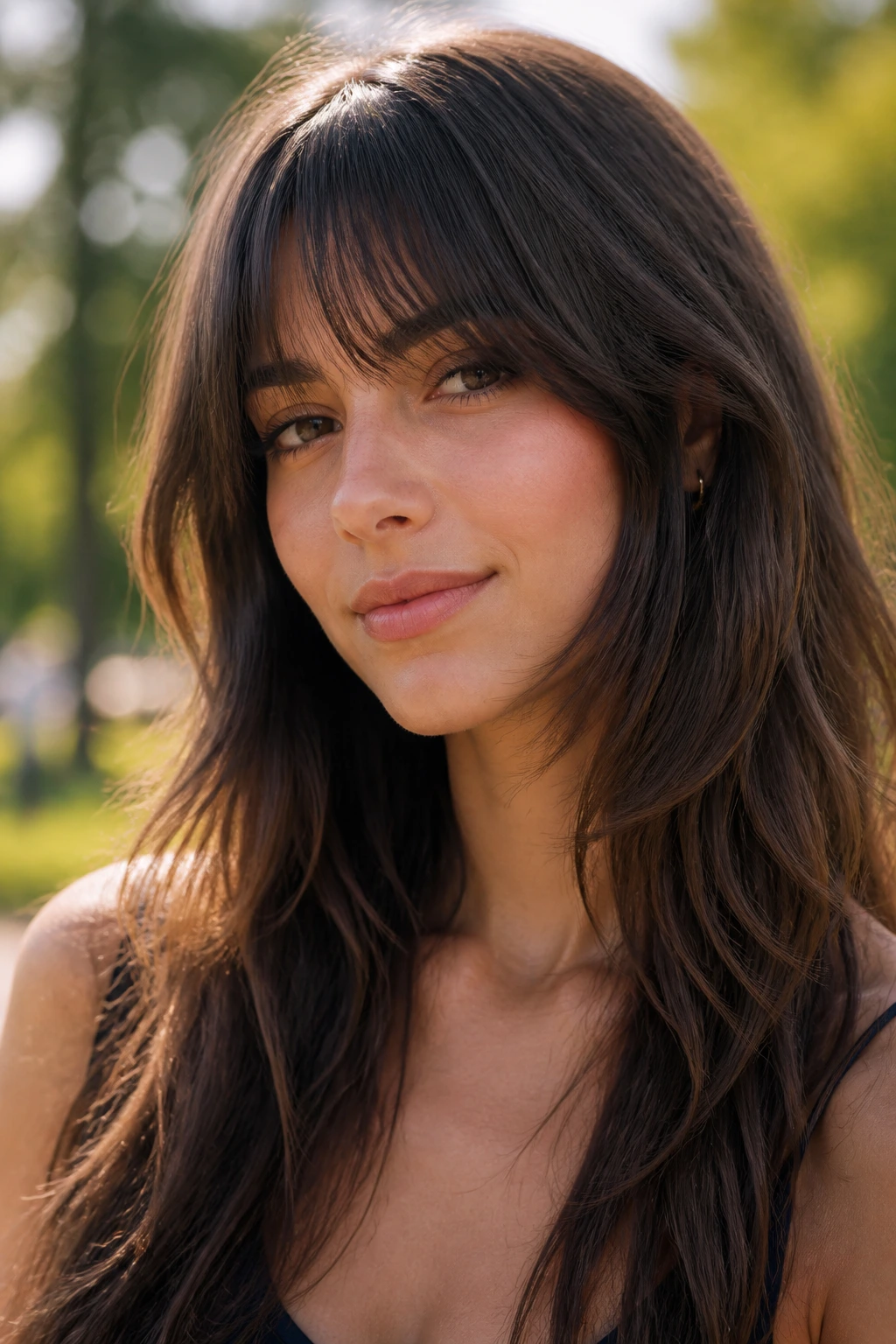 Close-up portrait of a real woman with fringe blending into face-framing layers and flowing into the sides.