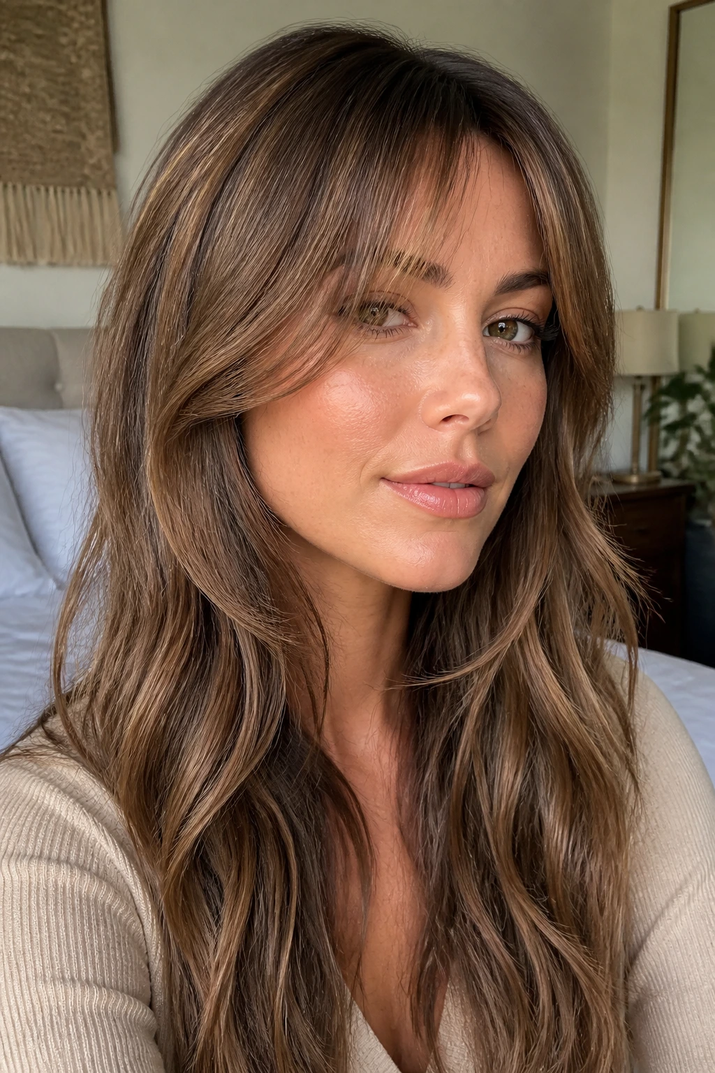 Close-up portrait of a real woman with soft blended fringe blending into long hair, warm natural light