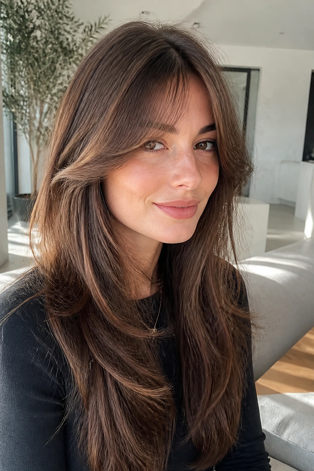 Close-up of a woman with face-framing fringe and long curtain layers