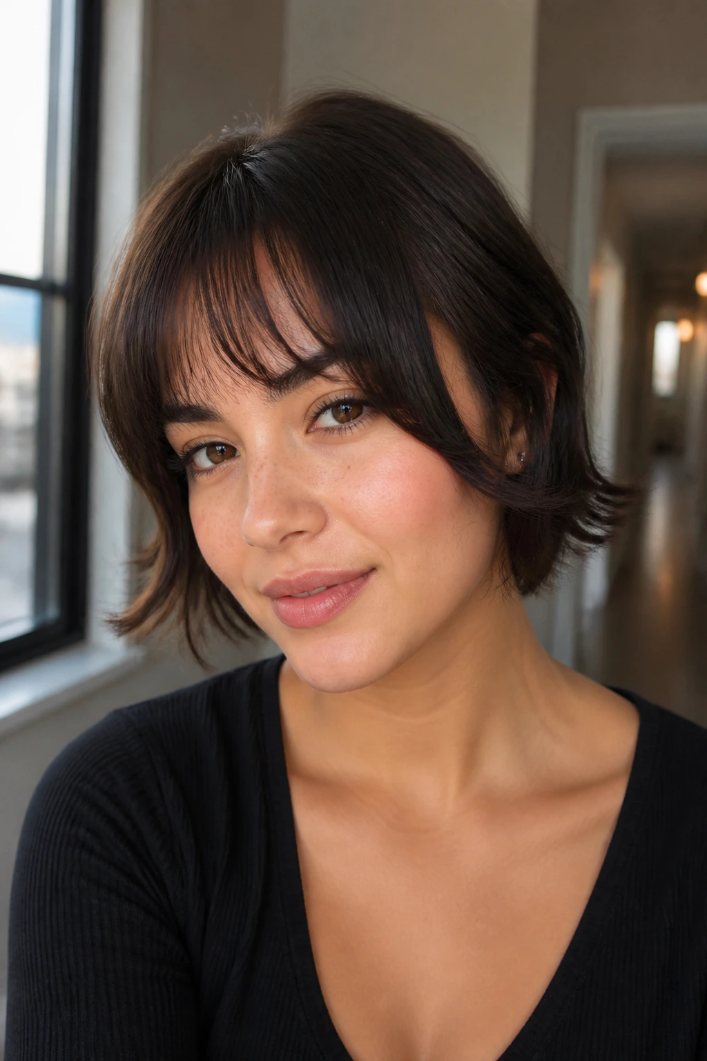 Close-up of a real woman with face-framing fringe and flipped ends