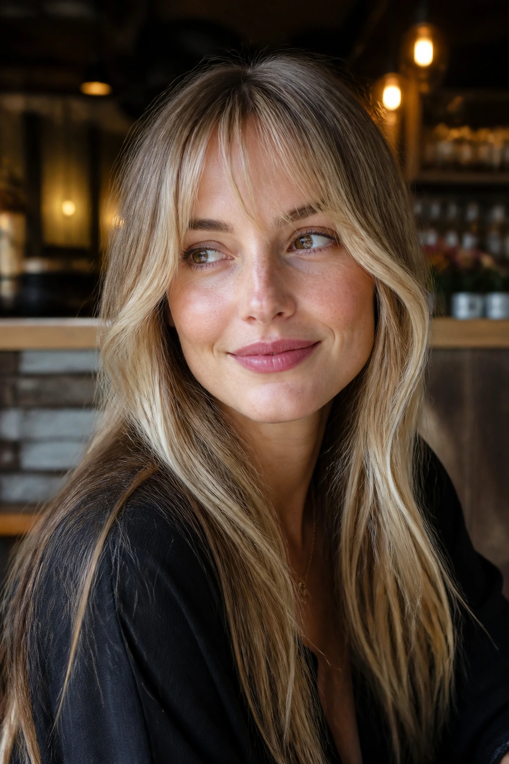 Real woman with face-framing fringe and money pieces in bright front pieces at cheeks