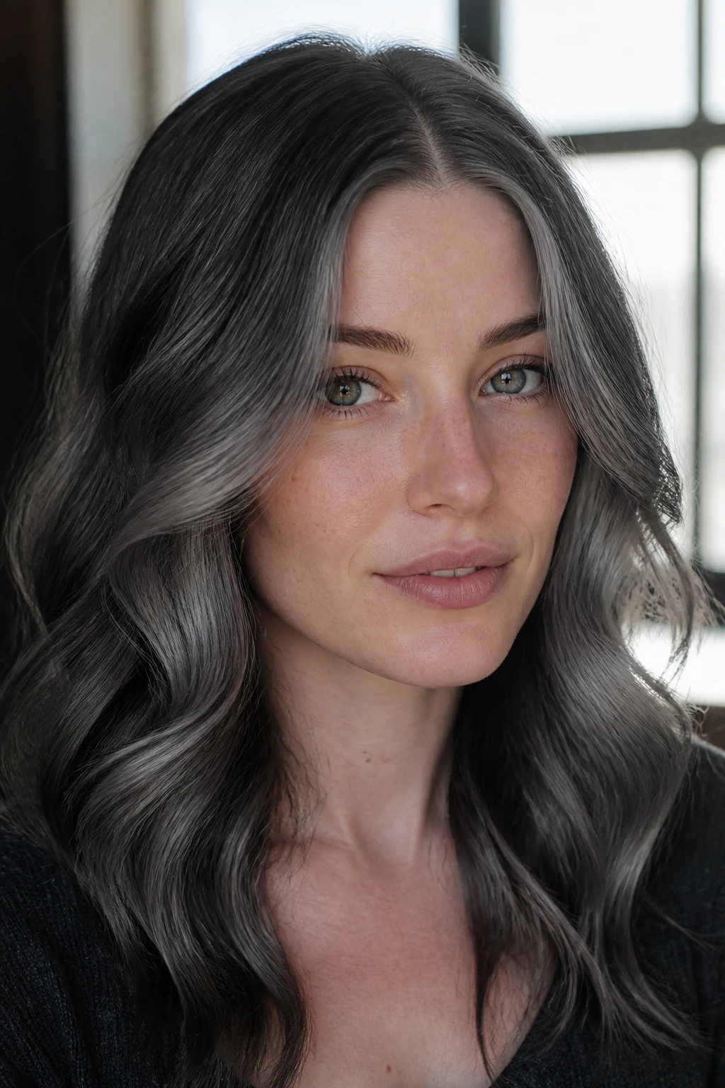 Portrait of a woman with dark grey hair framing her face with soft waves
