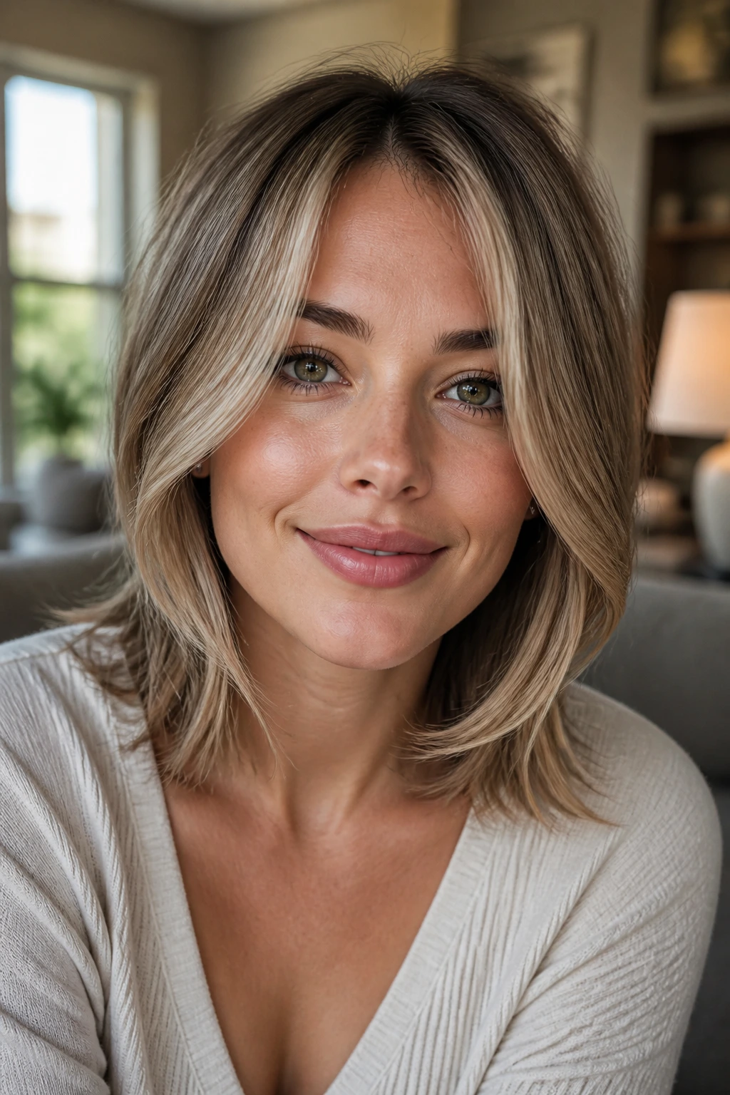 Close-up of a real woman with a face-framing C-shaped hair curve around a heart-shaped face in warm window light.