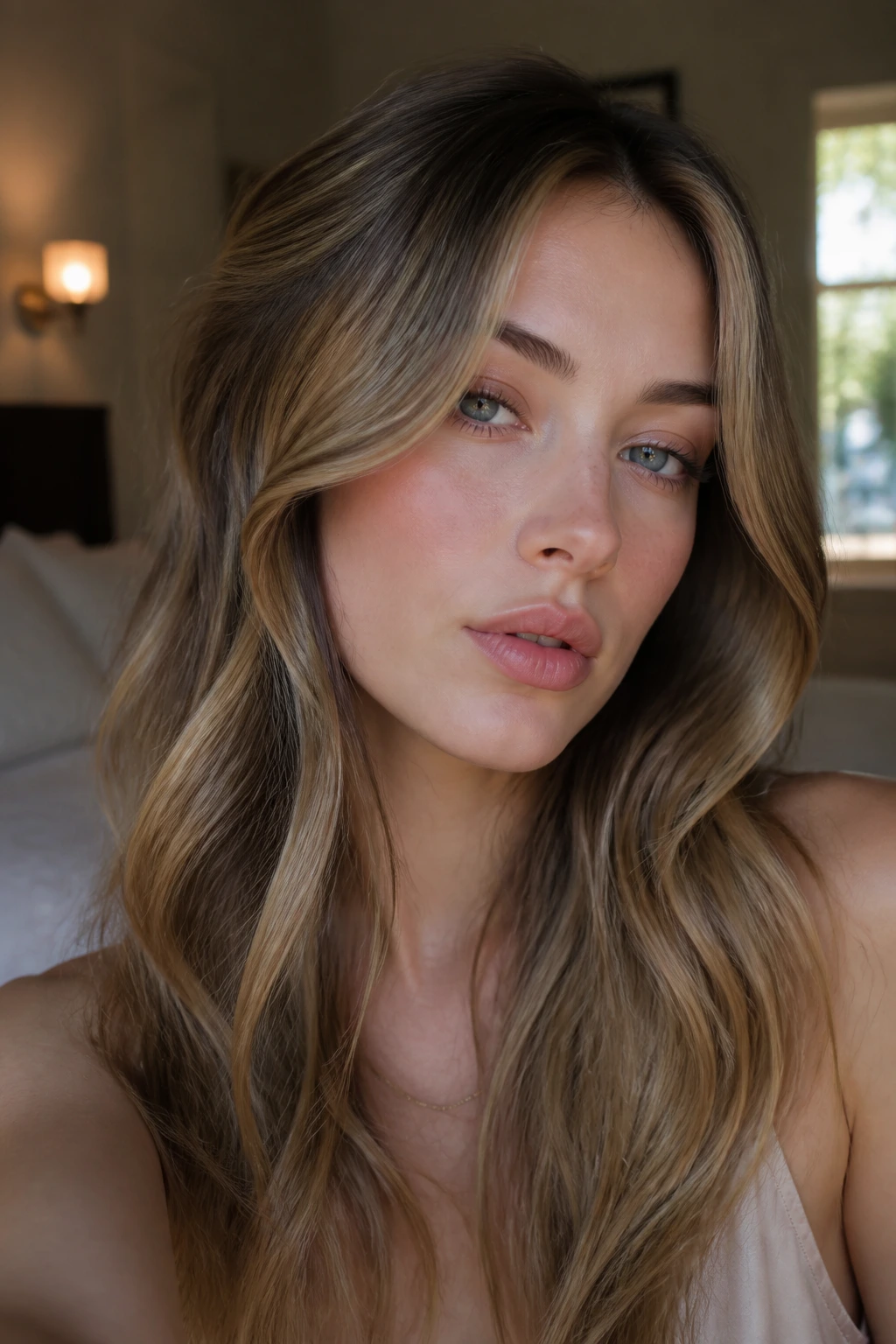 Close-up portrait of a real woman with dark framing hair highlights around her face