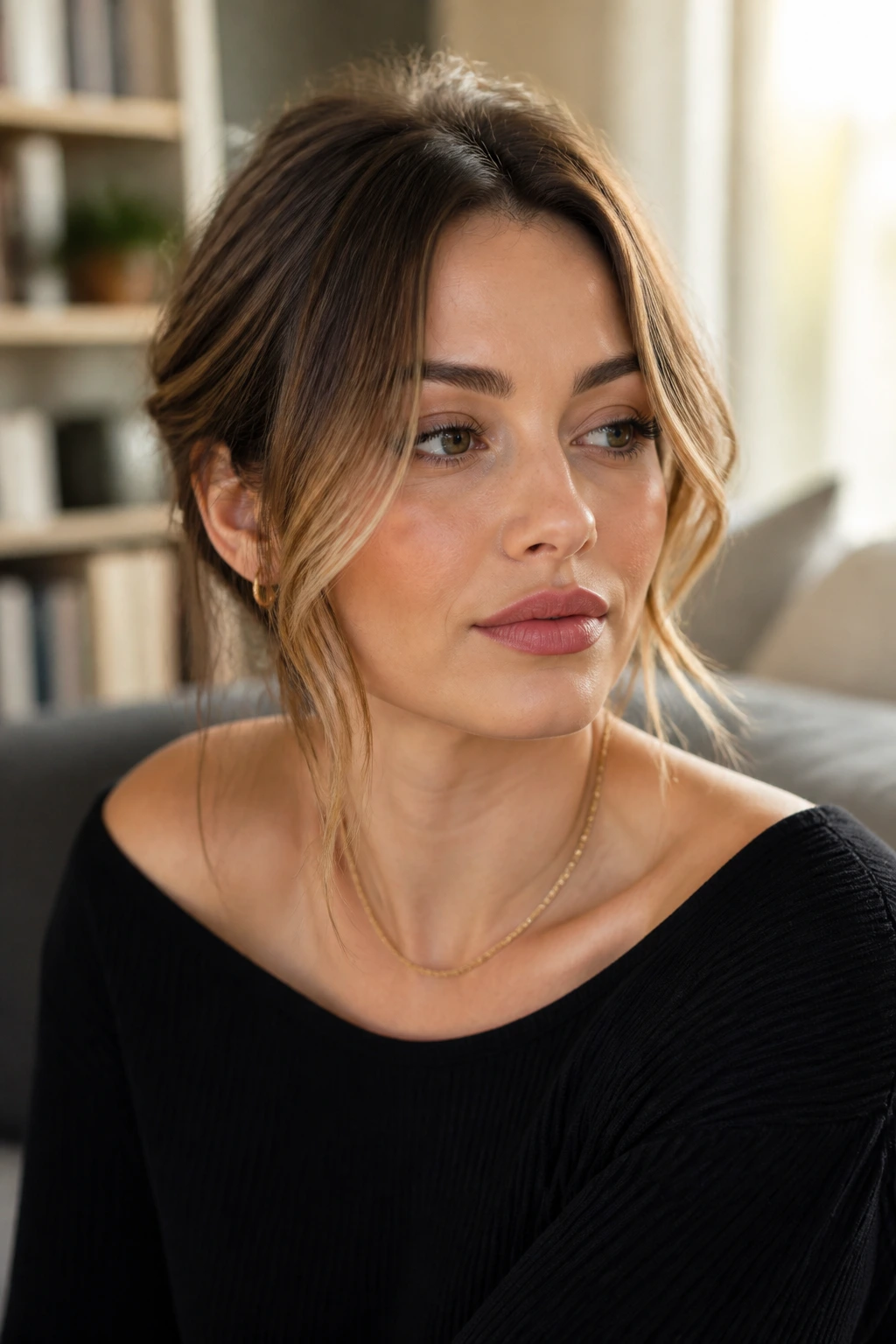 Real person wearing front pieces framing the cheeks in a home setting