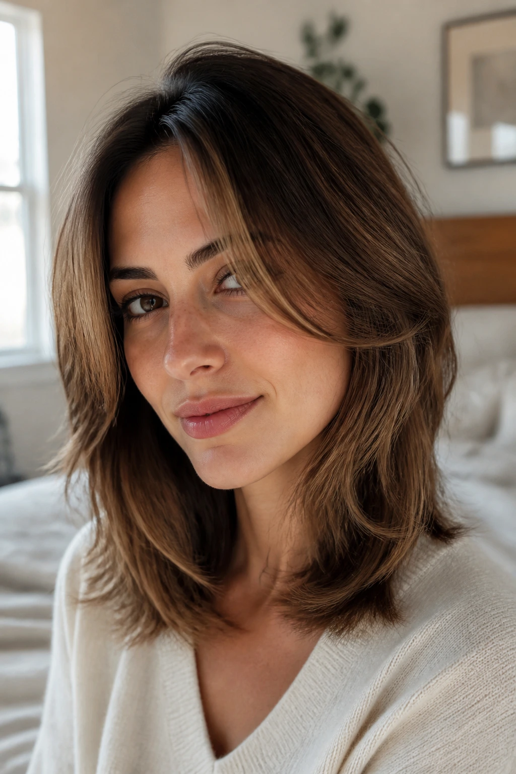Close-up portrait showing medium-length hair with face-framing layers