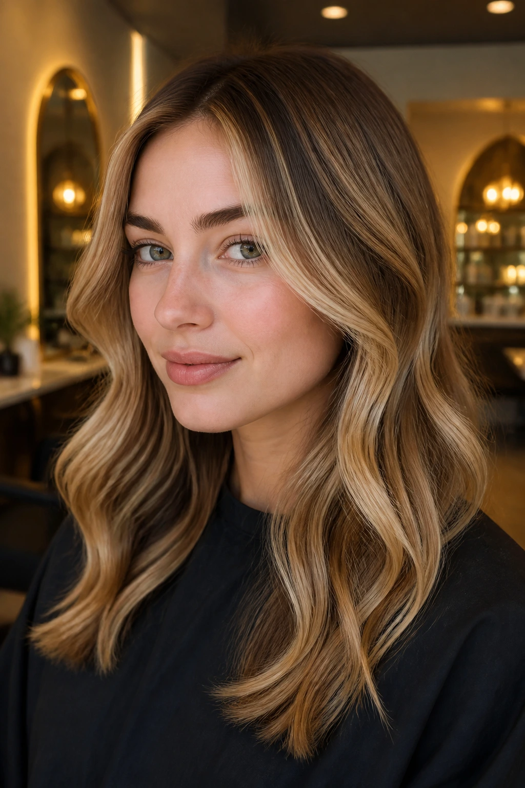 Close-up of hair framing the face with mid-width highlights around cheeks and temples