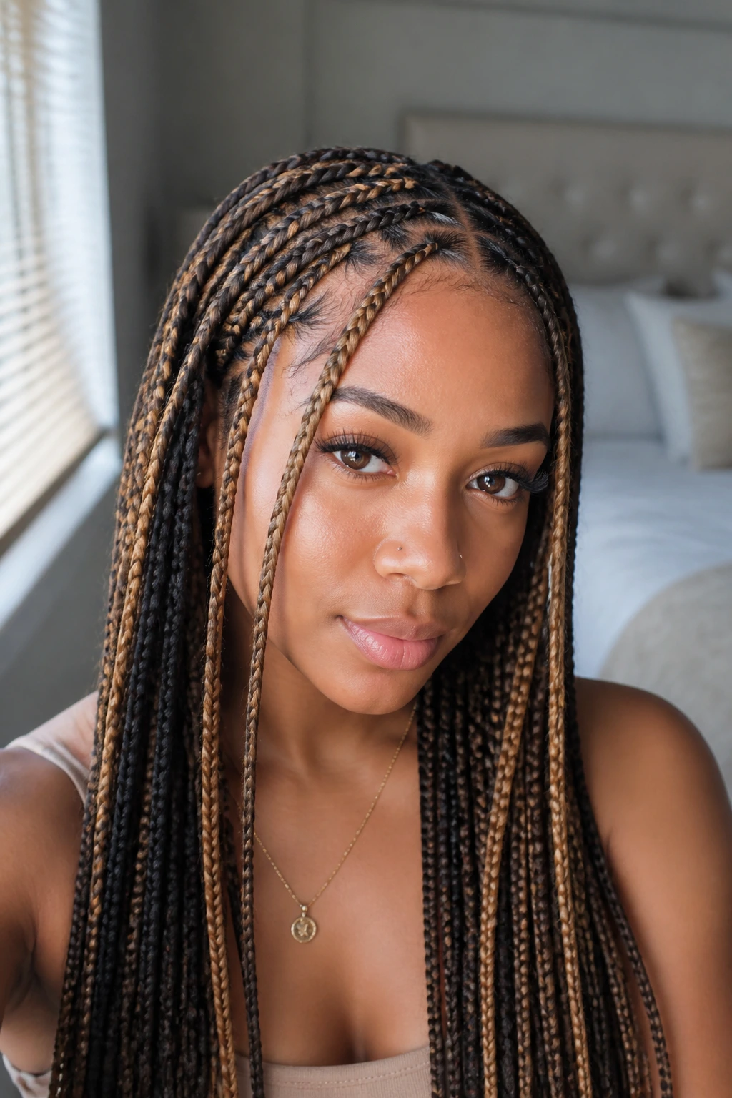 Real woman with face-framing highlighted braids