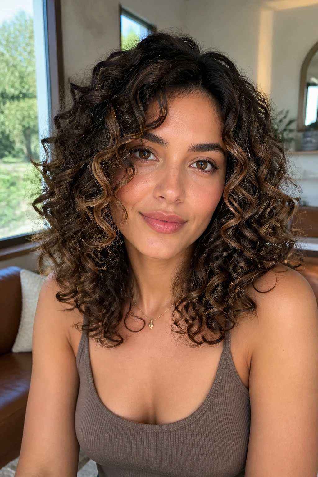 Face-framing curly hairstyle showing bright pieces around face on brunette curls