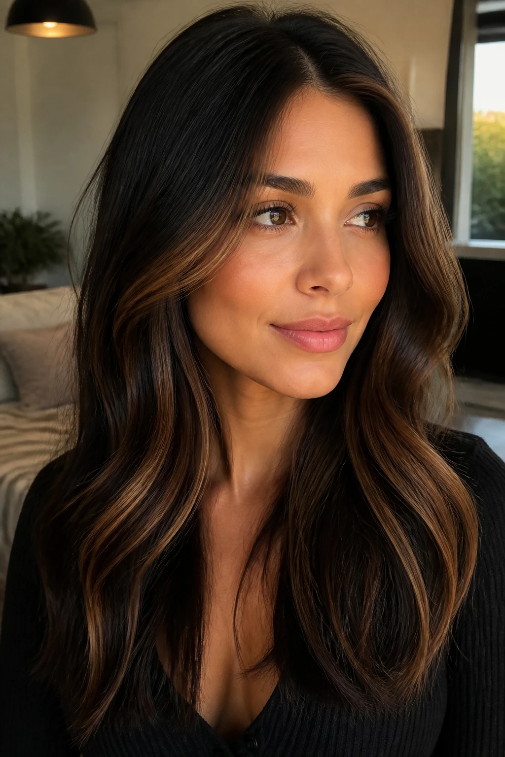 Close-up of dark-haired person with brown face-framing highlights catching light