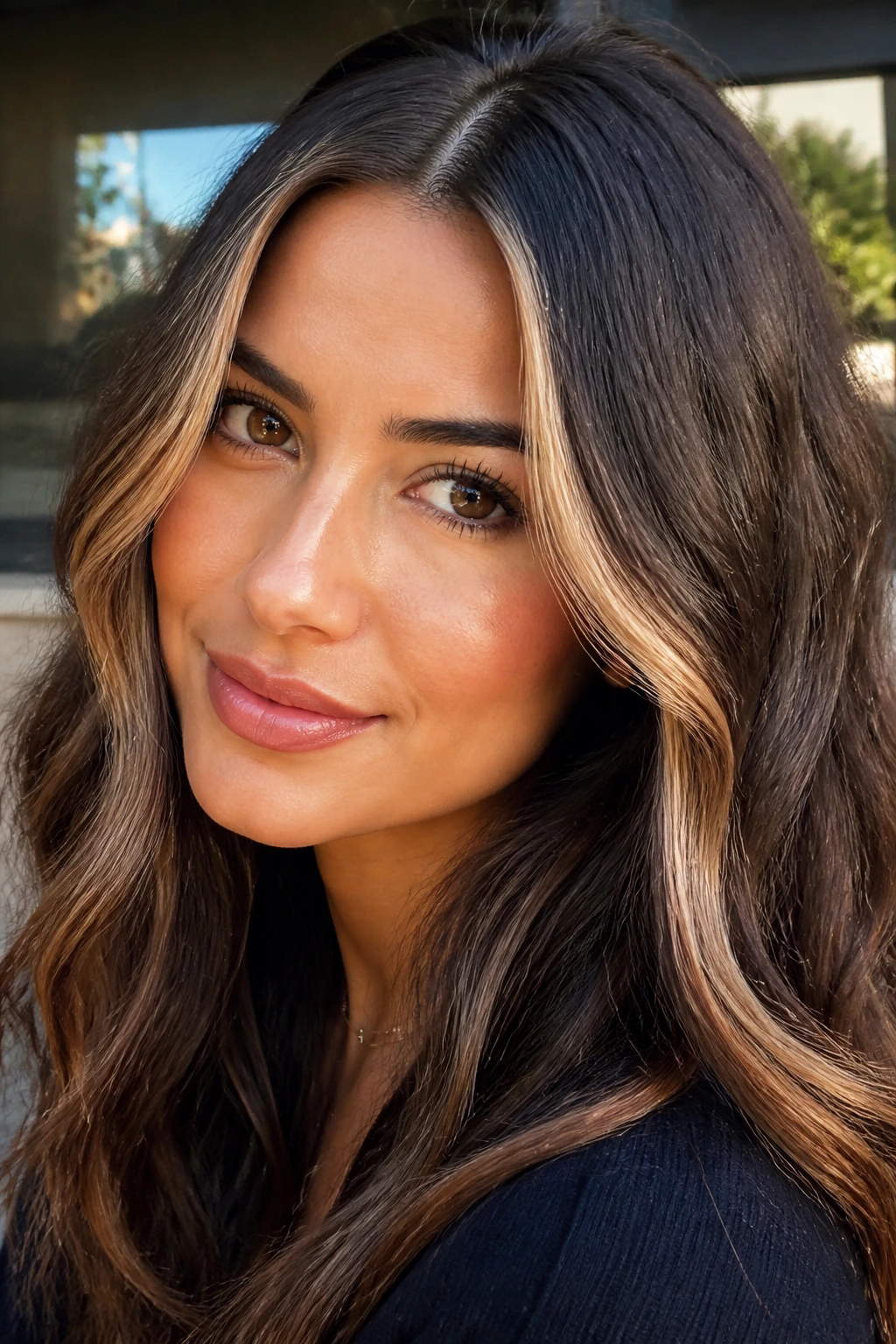 Close-up of a woman with front money pieces framing her face in caramel tones.