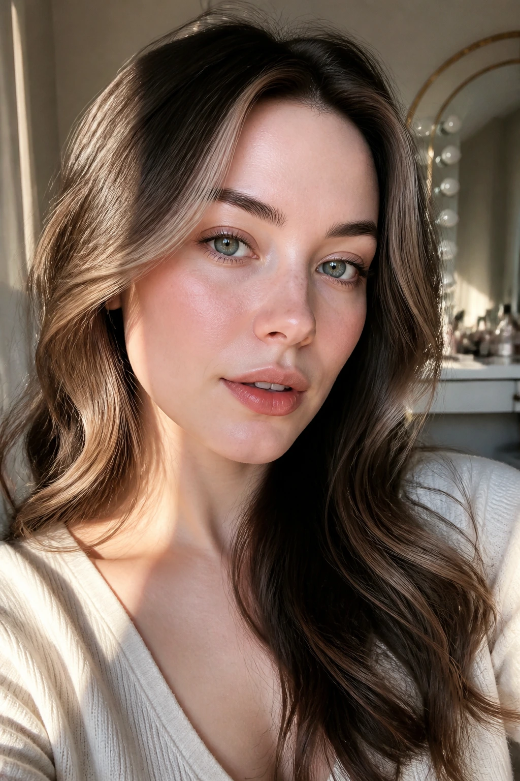 Close-up of soft brown face-framing highlights on pale skin showing subtle contrast