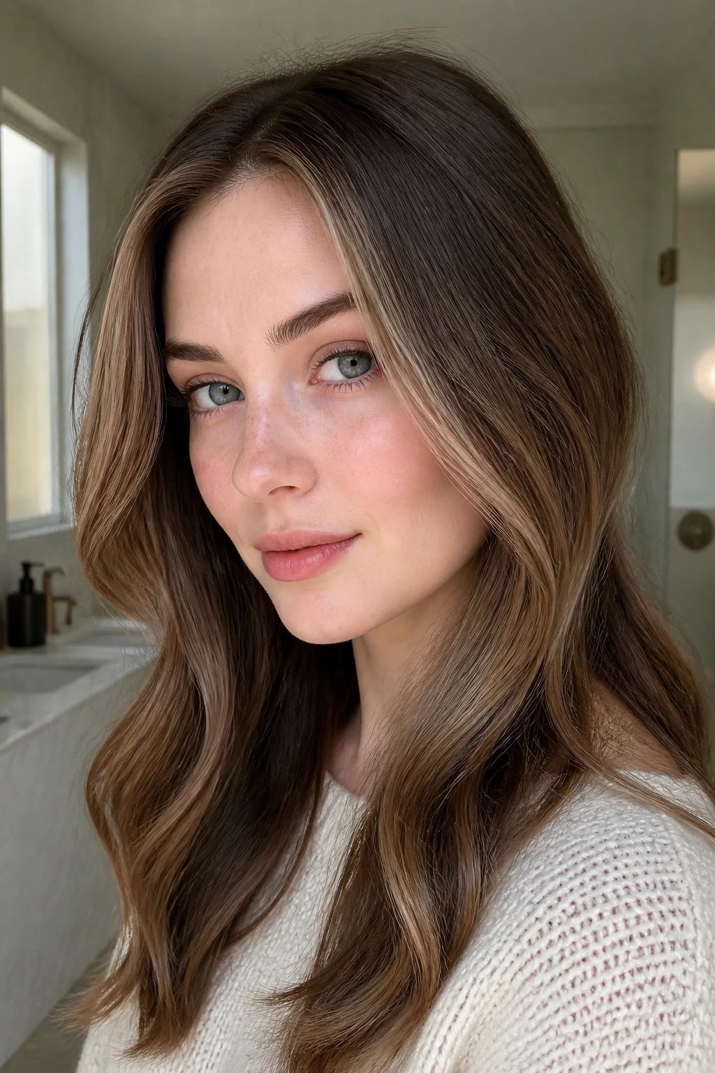 Close-up of brown face-framing highlights on pale skin with soft root shadow.