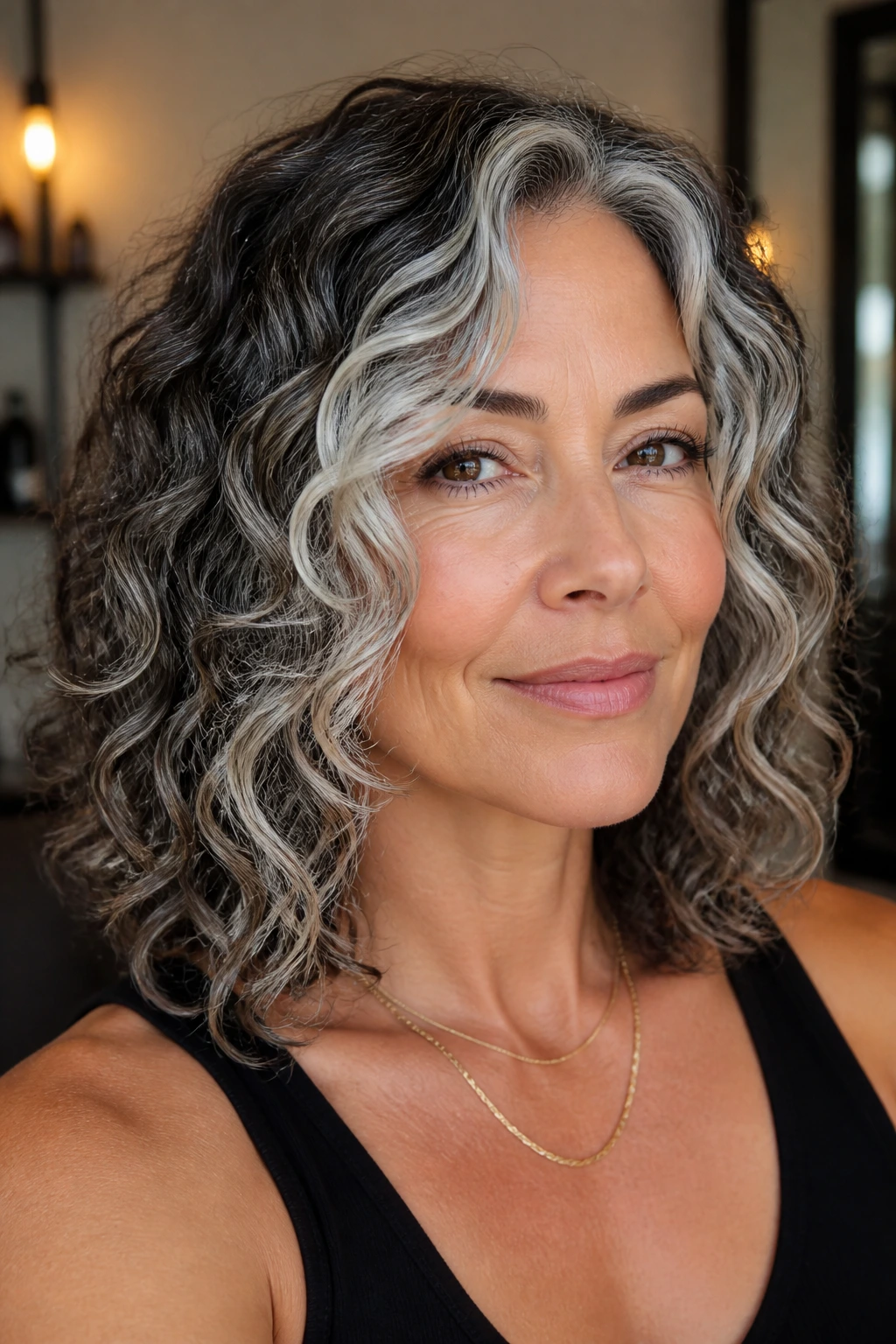 Portrait of a woman with face-framing highlighted curls and silver strands.