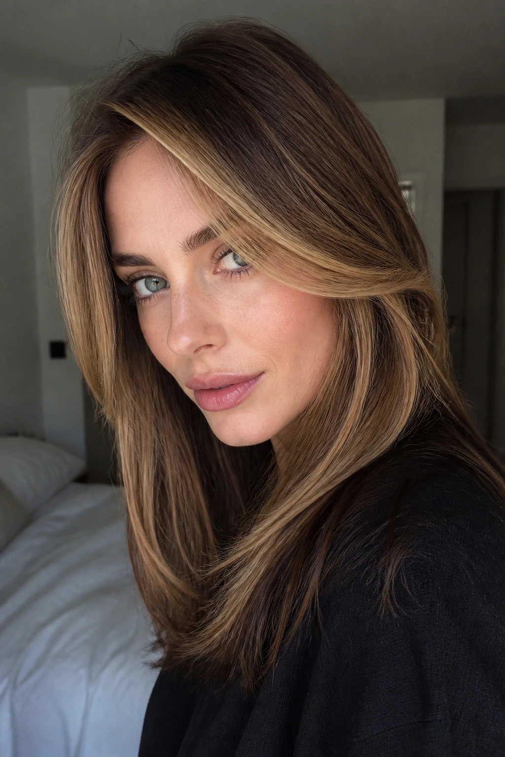 Close-up of a real person with a face-framing honey veil around the front hair