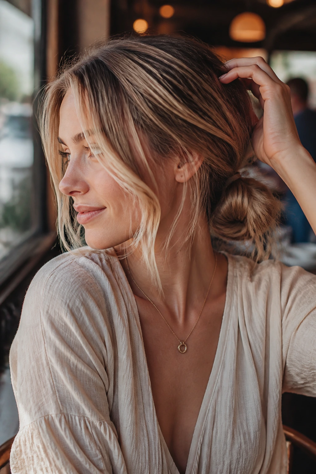 Close-up of a real person with an airy low knot and face-framing front pieces, cafe lighting.