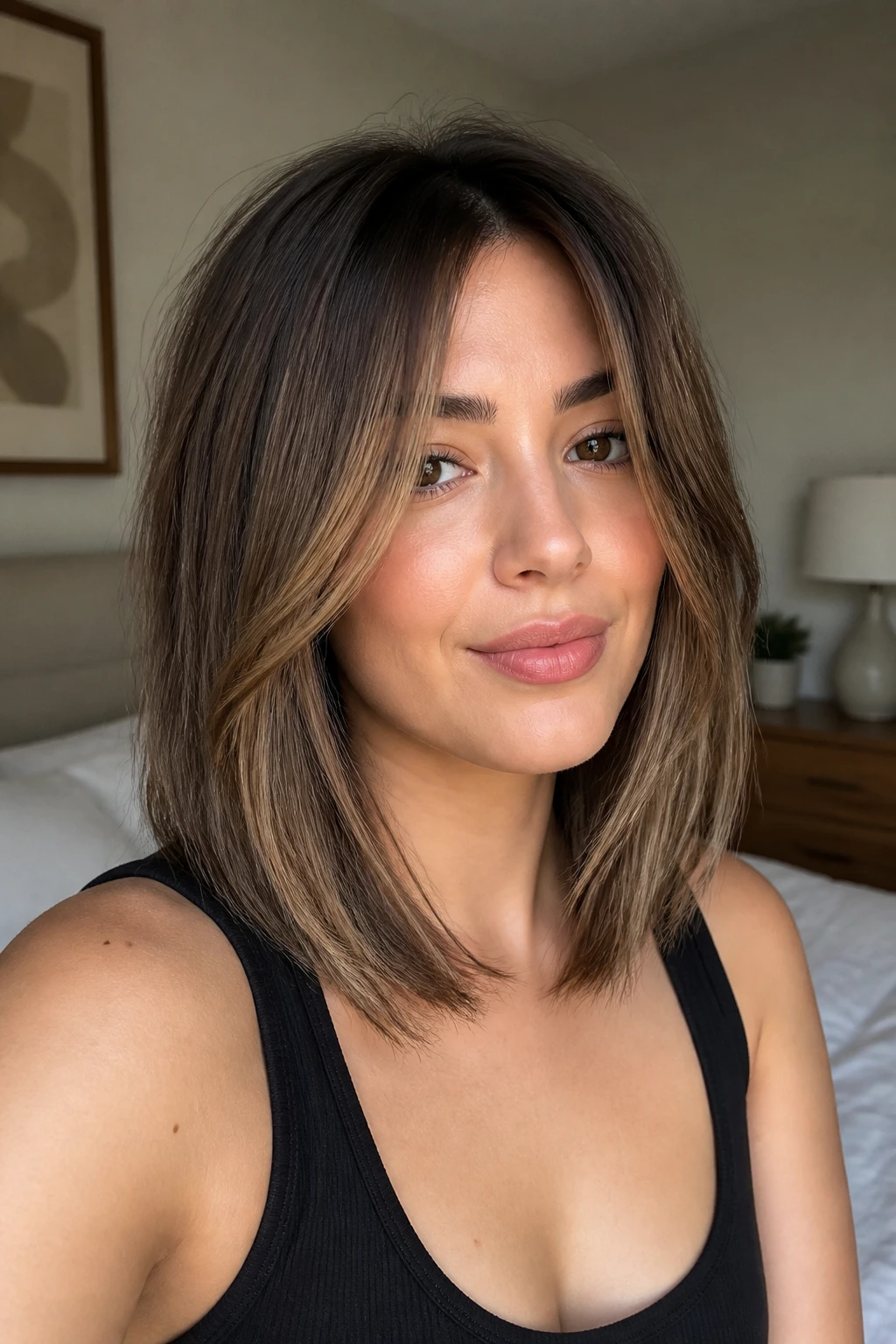 Portrait of a real woman with long face-framing layers in a lob.