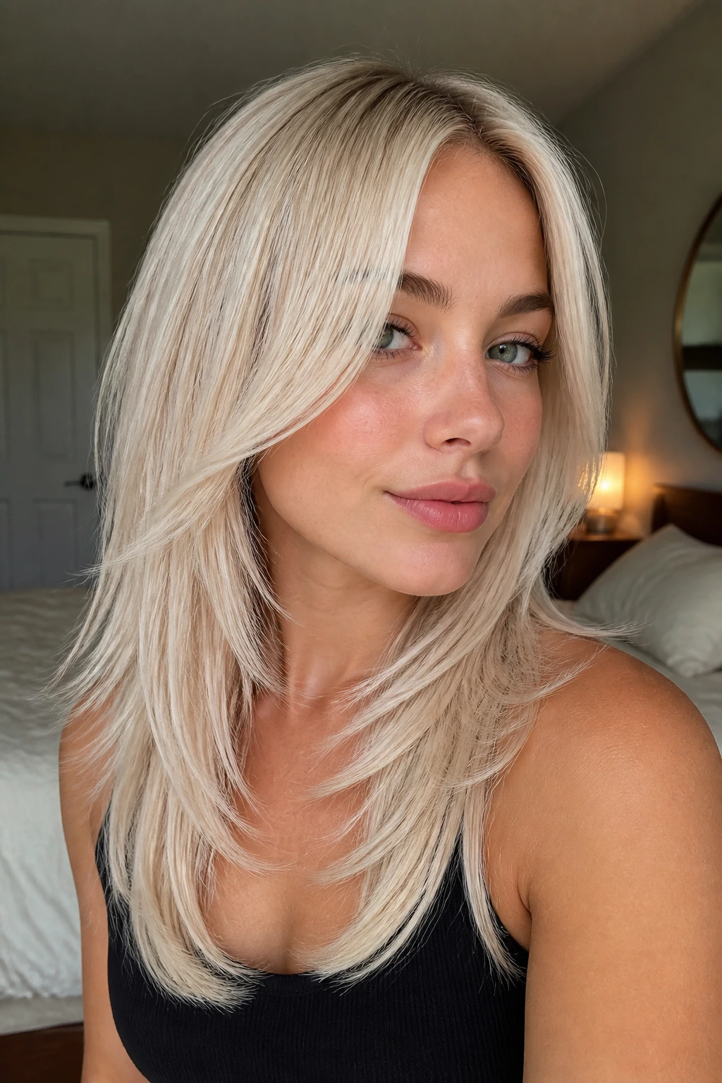 Close-up portrait of a real woman with platinum hair featuring face-framing layers around the cheeks