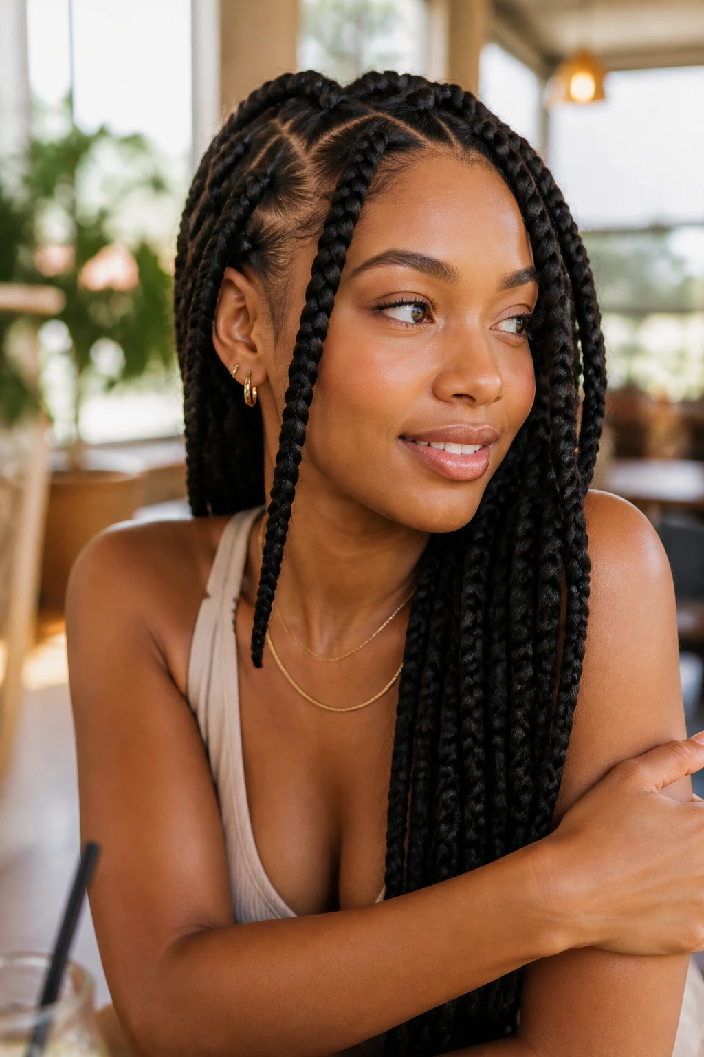 Real-life portrait showing face-framing jumbo braids with one side tucked behind the ear