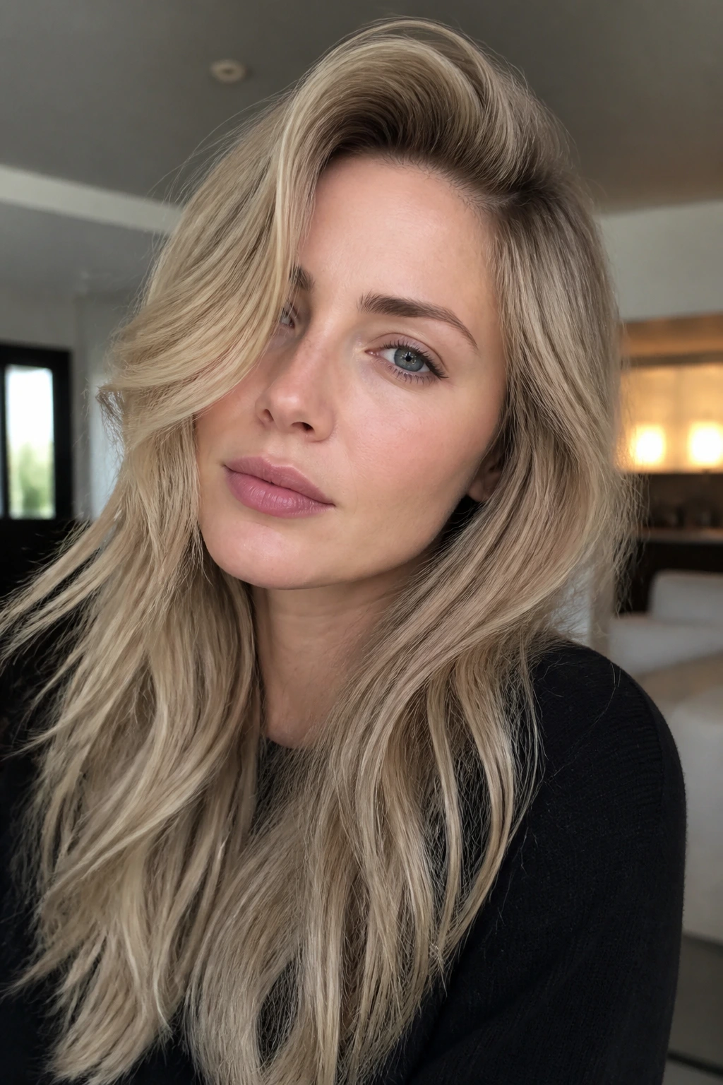 Close-up of a real woman with face-framing layers and deep side part in ash blonde