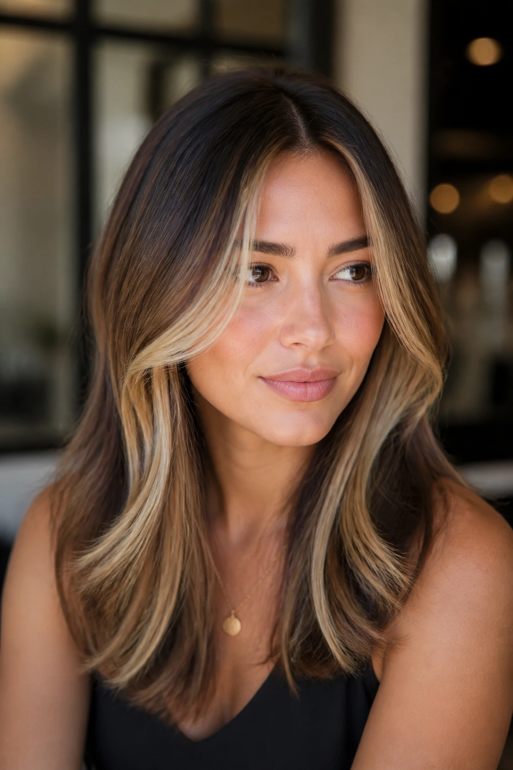 Close-up of a real woman with face-framing layers and bright babylights