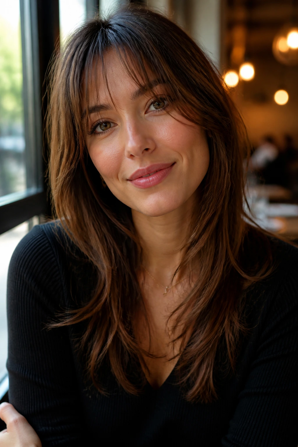 Woman with face-framing layers viewed at two feet away